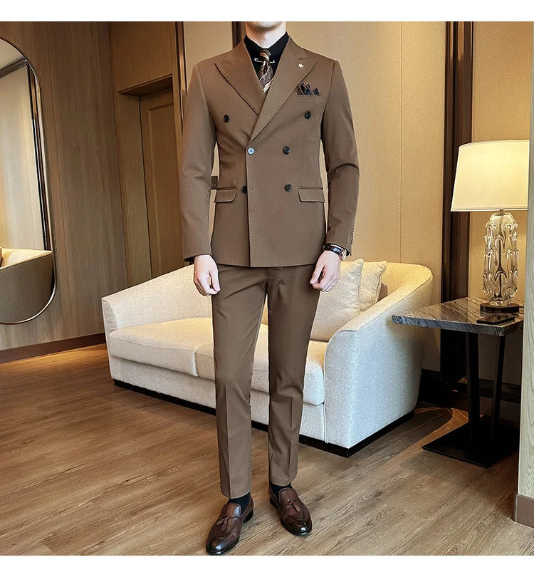 (Jacket + Trousers) Fashion Double Breasted Design Slim Men's Suit Italian Style Luxury Wedding Social Party Tuxedo 2 Piece Sets