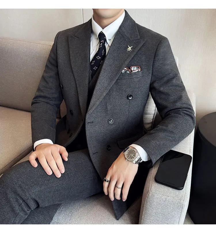 (Jacket+Vest+Pant) Autumn Winter Thickened Woolen Suit  New High Quality Slim Business Tuxedo Fashion Wedding Social Suits