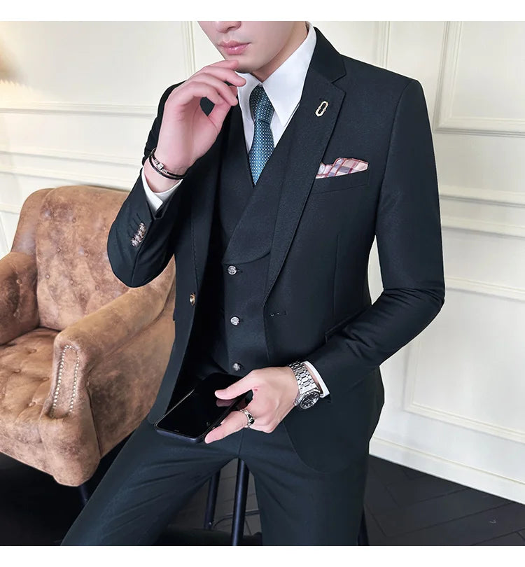 (Jackets+Pants+Vest) High Quality Men Slim Fit Party Tuxedos 3 Pieces Fashion Double Breasted Vest Design Business Wedding Suit