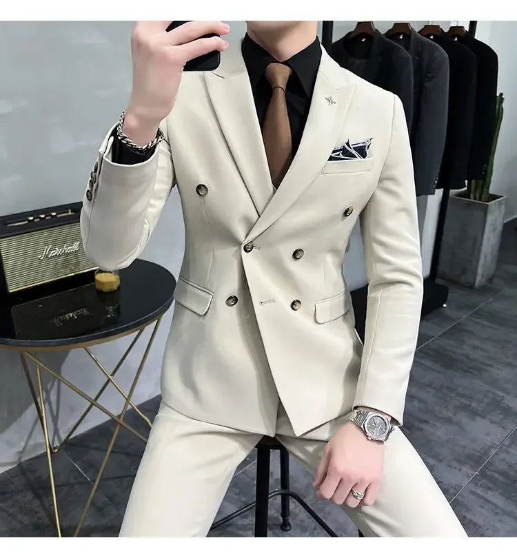 ( Jacket + Pants ) Brand Solid Color Formal Casual Business Office Double Buttons Suit Two-pcs Set Groom Wedding Dress Party