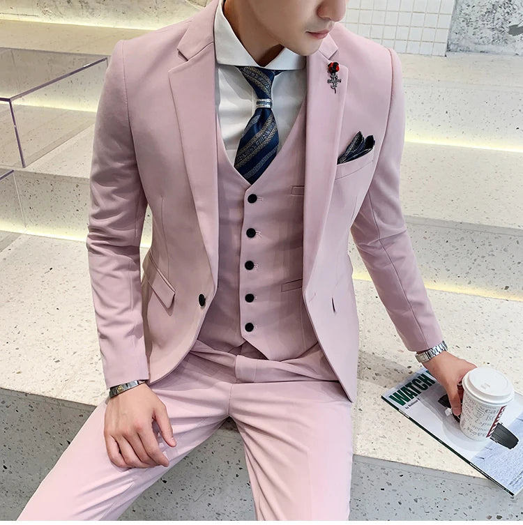 (Jacket +Vest+Pants) 2024 New Mens Wedding Suits Groom Solid Color Formal Office Business Slim Fit Suit Tuxedos 3-Pieces Set