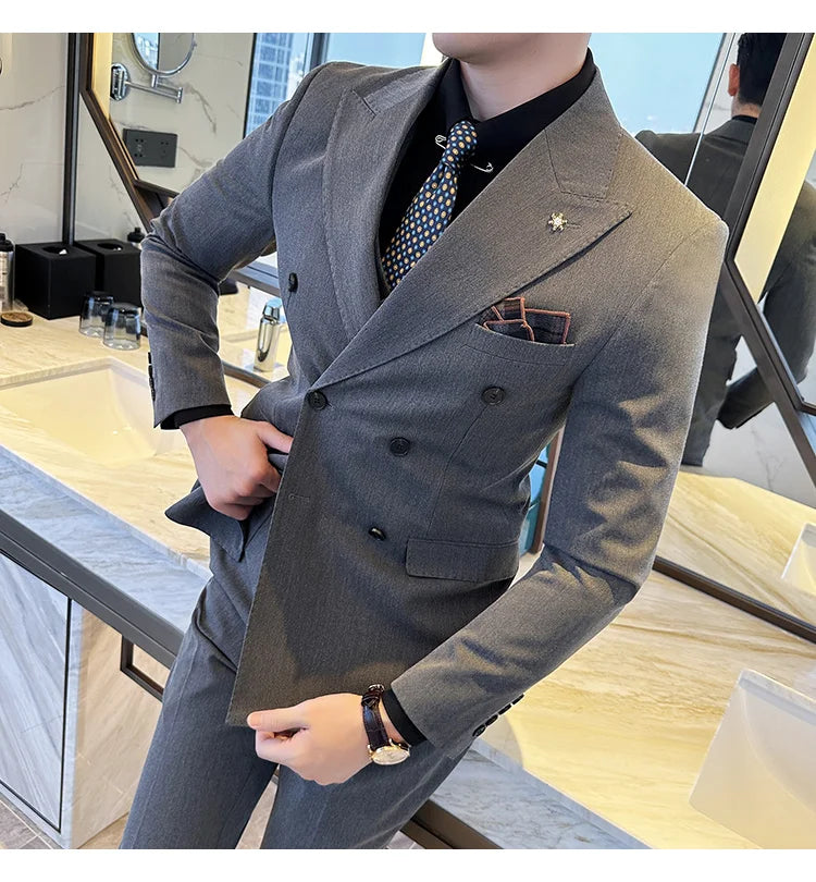 (Jacket + Trousers) Fashion Double Breasted Design Slim Men's Suit Italian Style Luxury Wedding Social Party Tuxedo 2 Piece Sets