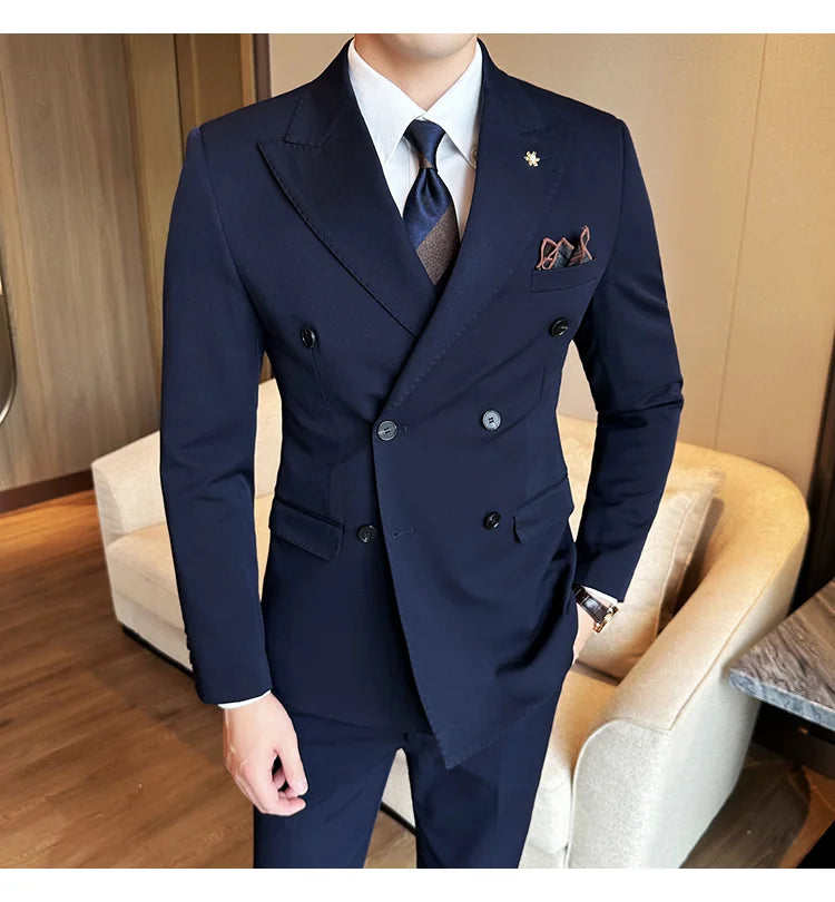 (Jacket + Trousers) Fashion Double Breasted Design Slim Men's Suit Italian Style Luxury Wedding Social Party Tuxedo 2 Piece Sets