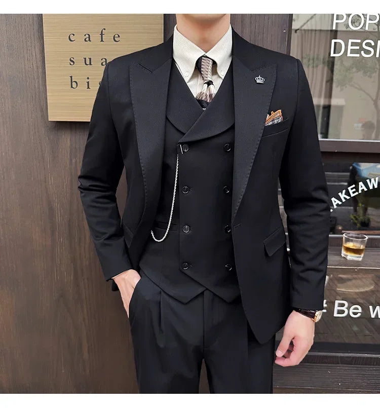 (Jackets+Pants+Vest) High Quality Men Slim Fit Party Tuxedos 3 Pieces Fashion Double Breasted Vest Design Wedding Social Suit