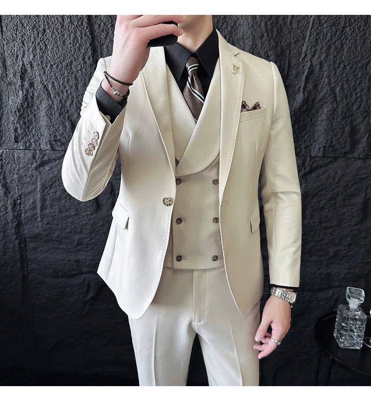 (Jackets+Pants+Vest) High Quality Men Slim Fit Party Tuxedos 3 Pieces Fashion Double Breasted Vest Design Business Wedding Suit