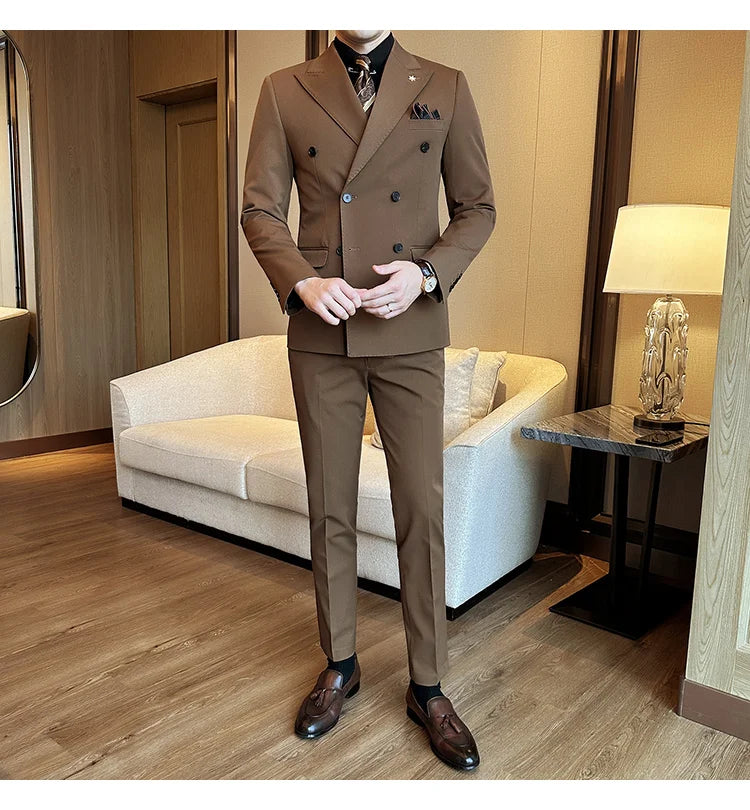 (Jacket + Trousers) Fashion Double Breasted Design Slim Men's Suit Italian Style Luxury Wedding Social Party Tuxedo 2 Piece Sets