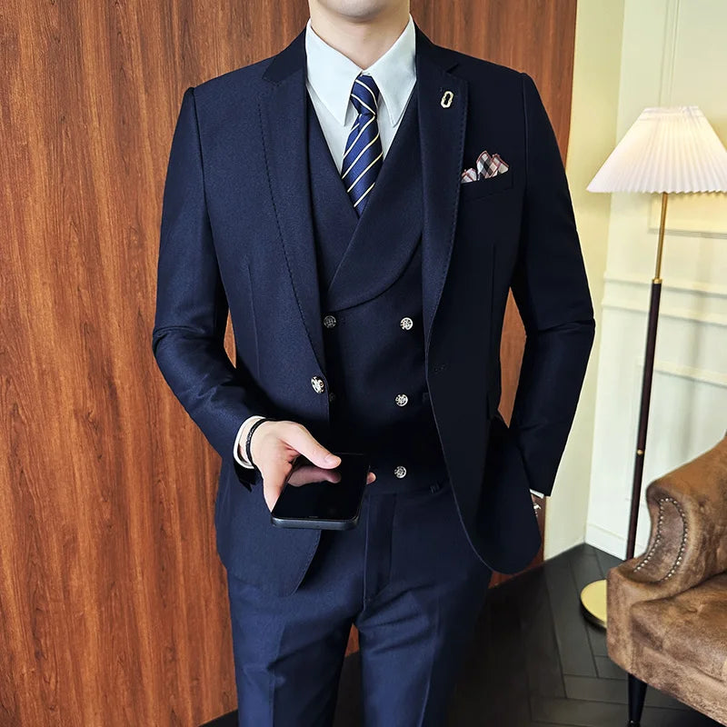 (Jackets+Pants+Vest) High Quality Men Slim Fit Party Tuxedos 3 Pieces Fashion Double Breasted Vest Design Business Wedding Suit