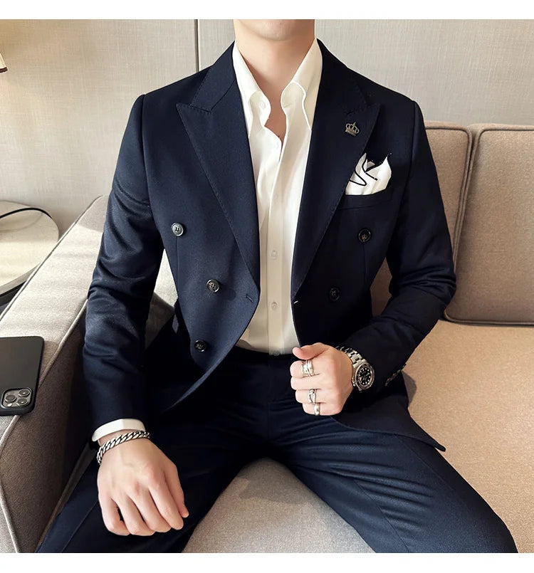 (Jackets+Pant) Latest Design Double Breasted Men Suit Dark green Groom Wedding Stage Tuxedo Man Slim Fit Business Social Suits