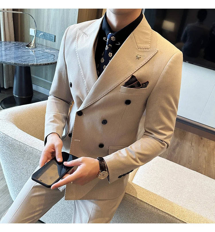 (Jacket + Trousers) Fashion Double Breasted Design Slim Men's Suit Italian Style Luxury Wedding Social Party Tuxedo 2 Piece Sets