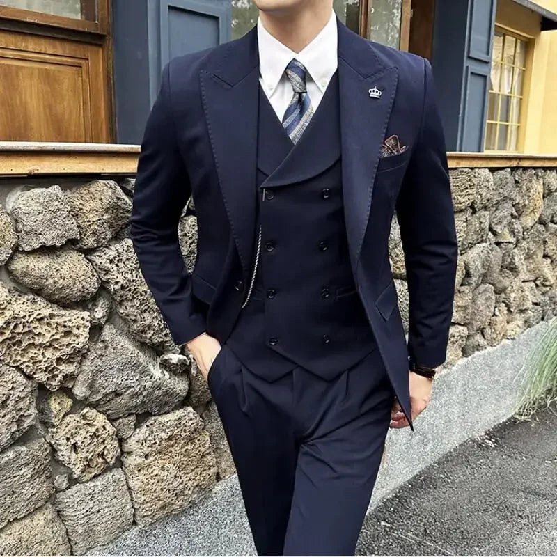 (Jackets+Pants+Vest) High Quality Men Slim Fit Party Tuxedos 3 Pieces Fashion Double Breasted Vest Design Wedding Social Suit