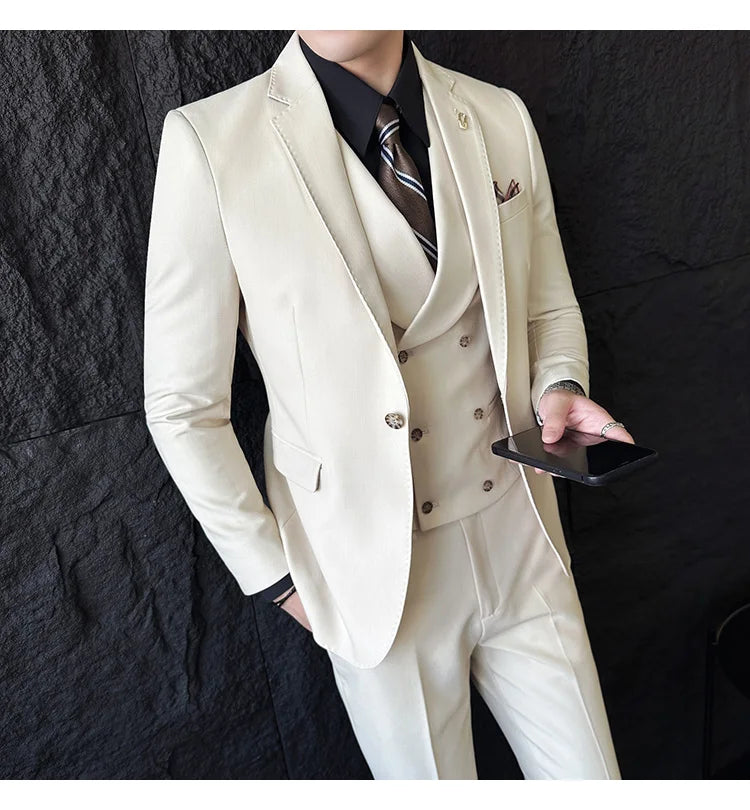 (Jackets+Pants+Vest) High Quality Men Slim Fit Party Tuxedos 3 Pieces Fashion Double Breasted Vest Design Business Wedding Suit