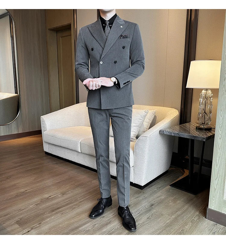 (Jacket + Trousers) Fashion Double Breasted Design Slim Men's Suit Italian Style Luxury Wedding Social Party Tuxedo 2 Piece Sets