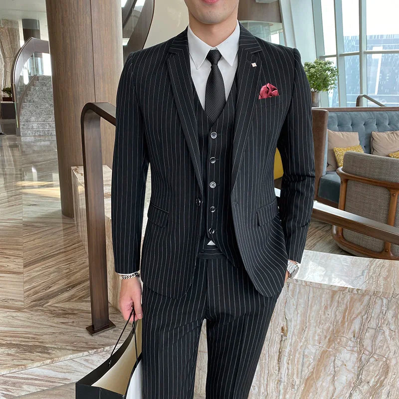 ( Jacket + Vest + Pants ) Prom Groom Tuxedos Latest Designs Male Wedding Suits 3Pcs Set Men's striped casual business suit