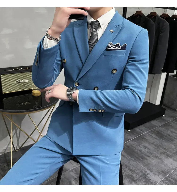 ( Jacket + Pants ) Brand Solid Color Formal Casual Business Office Double Buttons Suit Two-pcs Set Groom Wedding Dress Party