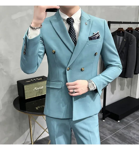 ( Jacket + Pants ) Brand Solid Color Formal Casual Business Office Double Buttons Suit Two-pcs Set Groom Wedding Dress Party