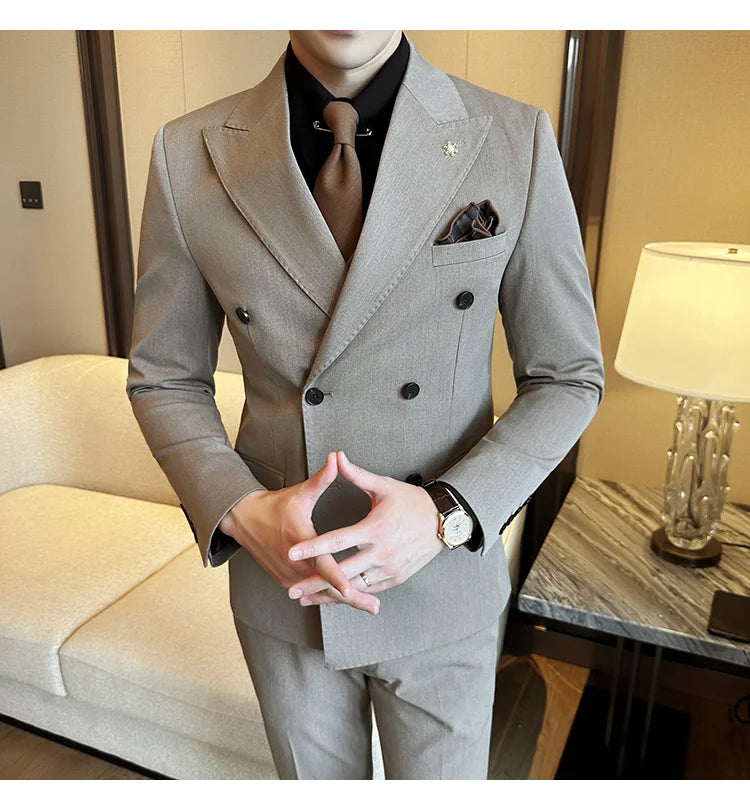 (Jacket + Trousers) Fashion Double Breasted Design Slim Men's Suit Italian Style Luxury Wedding Social Party Tuxedo 2 Piece Sets