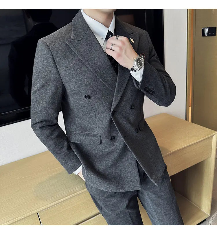 (Jacket+Vest+Pant) Autumn Winter Thickened Woolen Suit  New High Quality Slim Business Tuxedo Fashion Wedding Social Suits