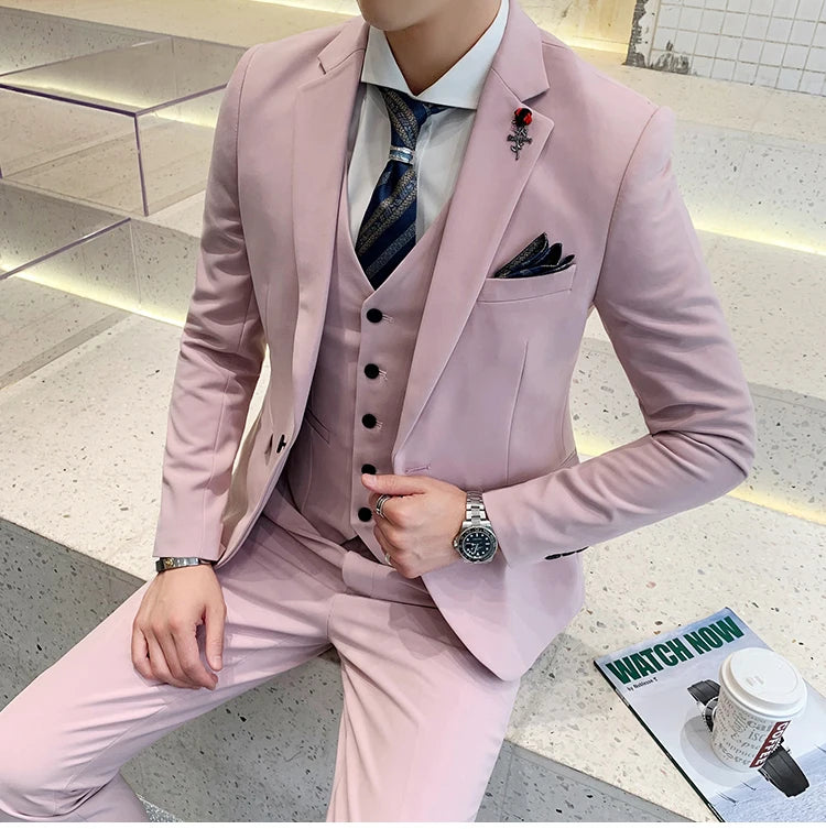 (Jacket +Vest+Pants) 2024 New Mens Wedding Suits Groom Solid Color Formal Office Business Slim Fit Suit Tuxedos 3-Pieces Set