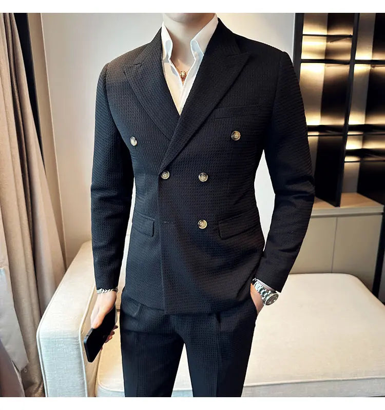 ( Jacket + Pant )Double-breasted Waffle Business Suit Men Wedding Prom Party Blazers and Trouser Homme Slim Fit Tuxedo Dress Set