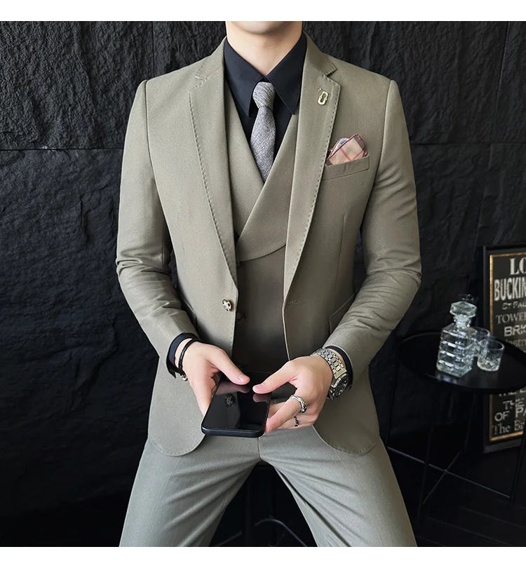 (Jackets+Pants+Vest) High Quality Men Slim Fit Party Tuxedos 3 Pieces Fashion Double Breasted Vest Design Business Wedding Suit