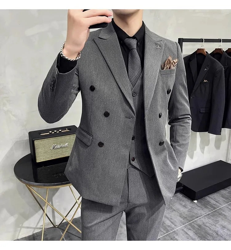 in black Fashion New Men's Boutique Business Slim Wedding Striped Double Breasted Suit Blazers Jacket Pants Trousers Vest 3 Pcs Set