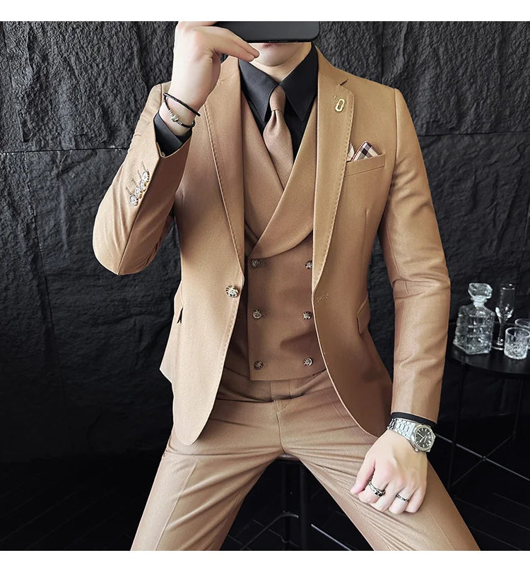 (Jackets+Pants+Vest) High Quality Men Slim Fit Party Tuxedos 3 Pieces Fashion Double Breasted Vest Design Business Wedding Suit