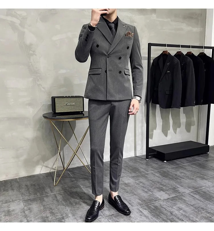 in black Fashion New Men's Boutique Business Slim Wedding Striped Double Breasted Suit Blazers Jacket Pants Trousers Vest 3 Pcs Set