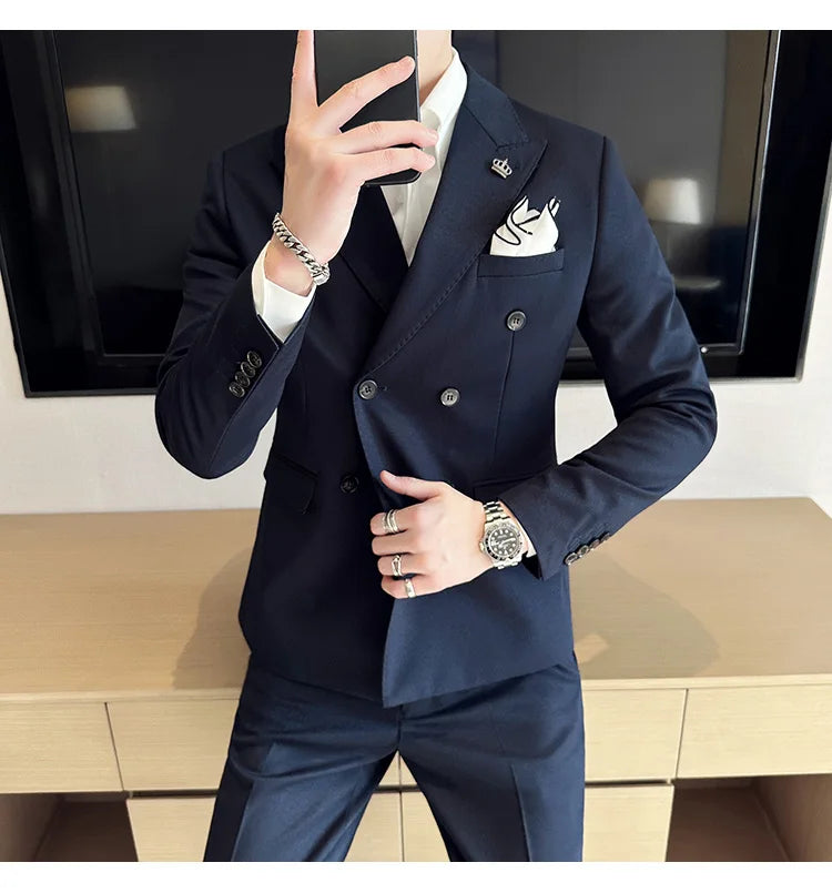 (Jackets+Pant) Latest Design Double Breasted Men Suit Dark green Groom Wedding Stage Tuxedo Man Slim Fit Business Social Suits