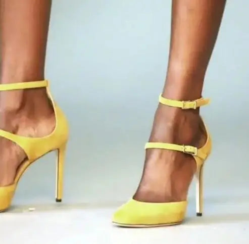 Yellow Pink Black Double Buckle Straps Suede Pumps Hollow Pointy Toe Shallow Thin High Heel Dress Runway Lady High Heels