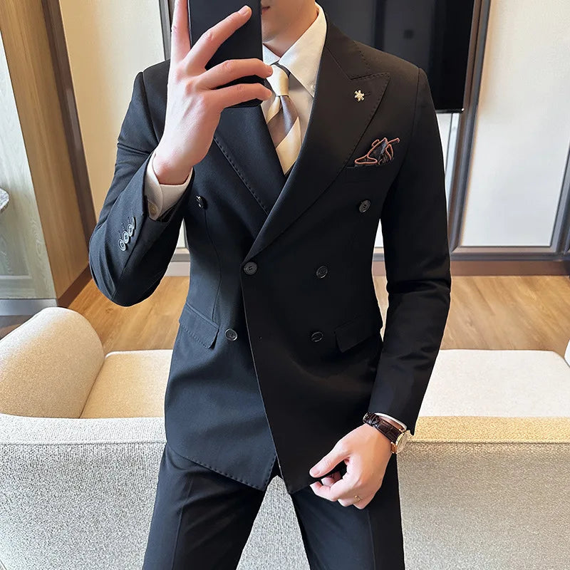 (Jacket + Trousers) Fashion Double Breasted Design Slim Men's Suit Italian Style Luxury Wedding Social Party Tuxedo 2 Piece Sets