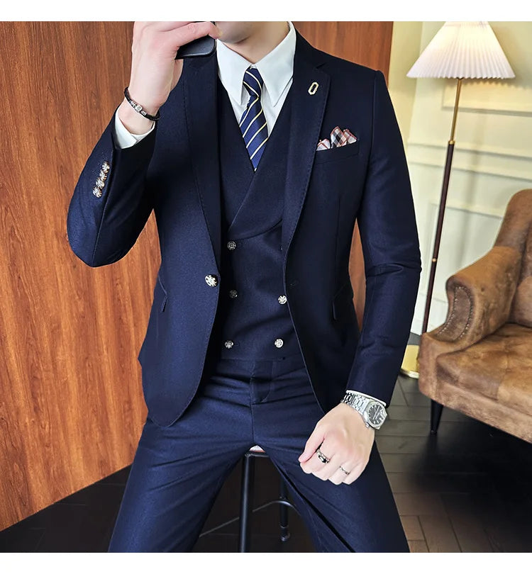 (Jackets+Pants+Vest) High Quality Men Slim Fit Party Tuxedos 3 Pieces Fashion Double Breasted Vest Design Business Wedding Suit