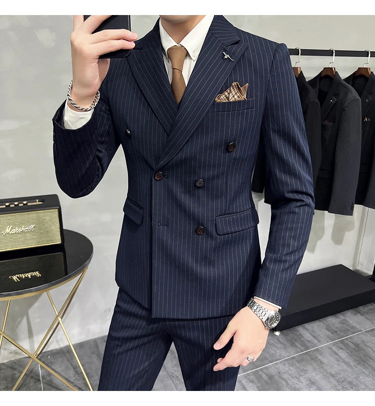 in black Fashion New Men's Boutique Business Slim Wedding Striped Double Breasted Suit Blazers Jacket Pants Trousers Vest 3 Pcs Set