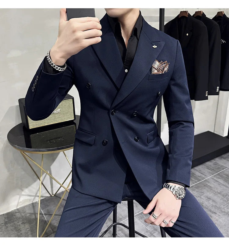 Men's Classic Double-breasted Suit Suit (suit+pants) 7XL-S Men's Luxury Fashion Wedding Banquet Social Suit Business Suit 2 Sets