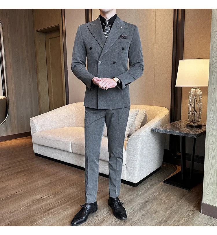 (Jacket + Trousers) Fashion Double Breasted Design Slim Men's Suit Italian Style Luxury Wedding Social Party Tuxedo 2 Piece Sets