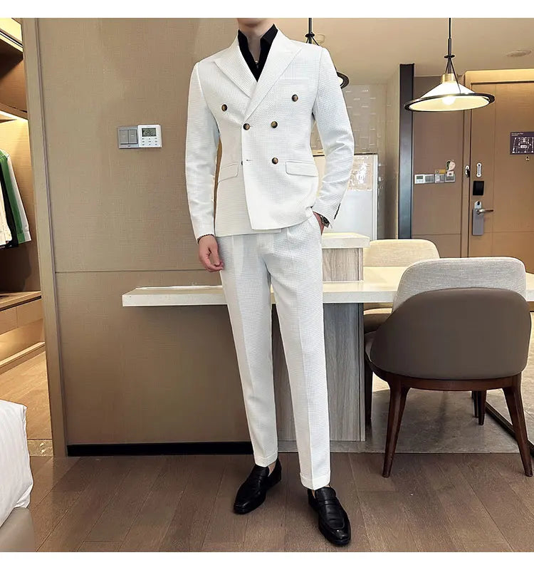 ( Jacket + Pant )Double-breasted Waffle Business Suit Men Wedding Prom Party Blazers and Trouser Homme Slim Fit Tuxedo Dress Set