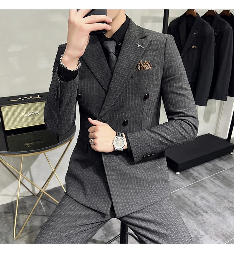 in black Fashion New Men's Boutique Business Slim Wedding Striped Double Breasted Suit Blazers Jacket Pants Trousers Vest 3 Pcs Set