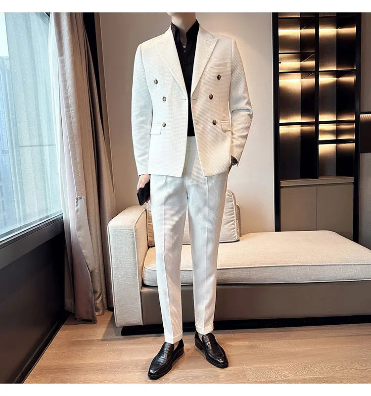 ( Jacket + Pant )Double-breasted Waffle Business Suit Men Wedding Prom Party Blazers and Trouser Homme Slim Fit Tuxedo Dress Set