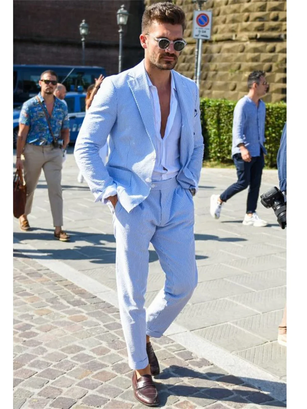 2 Pieces Sky Blue Men Suits Seersucker  Suits Notched Lapel Summer Leisure Beach Jacket+Pant  Groom Wedding Tuxedos