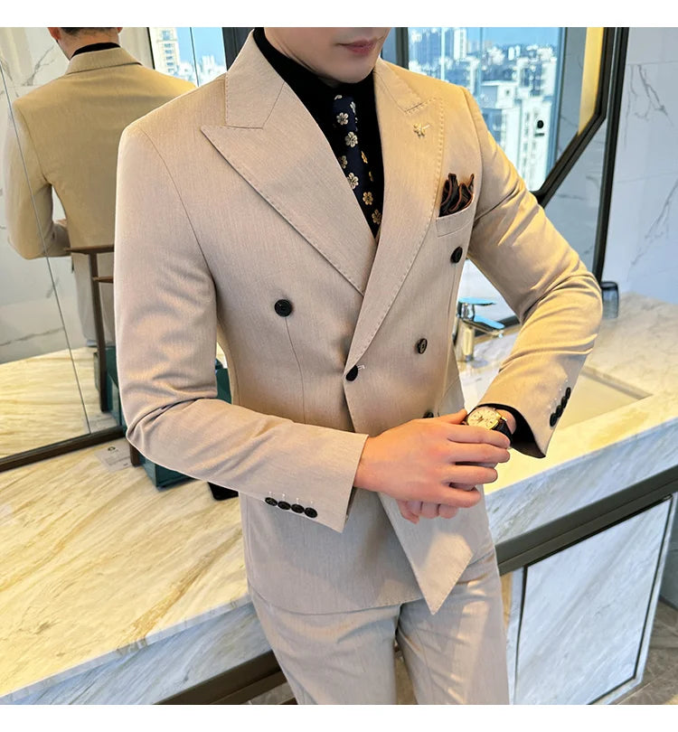 (Jacket + Trousers) Fashion Double Breasted Design Slim Men's Suit Italian Style Luxury Wedding Social Party Tuxedo 2 Piece Sets