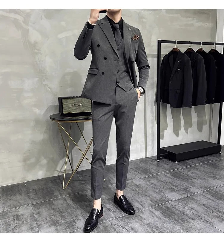 in black Fashion New Men's Boutique Business Slim Wedding Striped Double Breasted Suit Blazers Jacket Pants Trousers Vest 3 Pcs Set