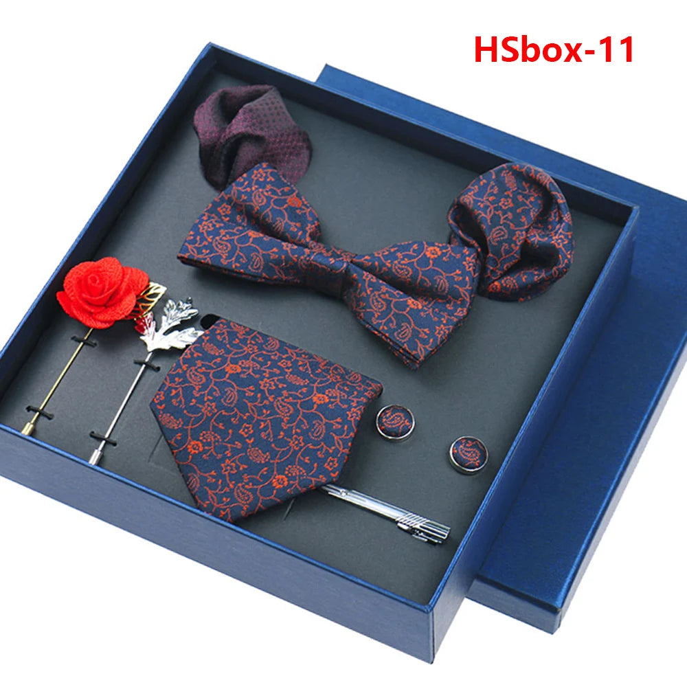 Set Bussiness Blue Ties For Mans Floral Brooches Pin Cufflinks Tie Clips Butterfly Bowtie Wedding Accessori Gift Box Set