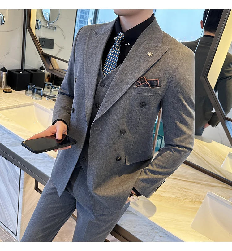 (Jacket + Trousers) Fashion Double Breasted Design Slim Men's Suit Italian Style Luxury Wedding Social Party Tuxedo 2 Piece Sets