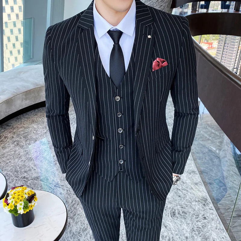 ( Jacket + Vest + Pants ) Prom Groom Tuxedos Latest Designs Male Wedding Suits 3Pcs Set Men's striped casual business suit