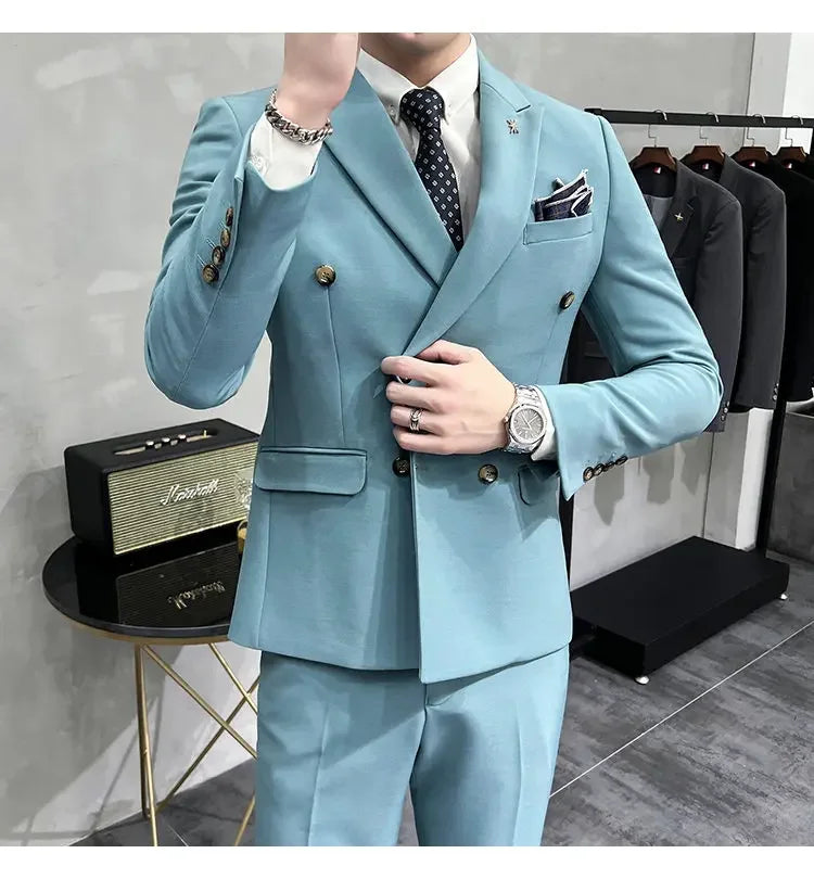 ( Jacket + Pants ) Brand Solid Color Formal Casual Business Office Double Buttons Suit Two-pcs Set Groom Wedding Dress Party