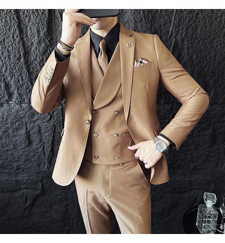 (Jackets+Pants+Vest) High Quality Men Slim Fit Party Tuxedos 3 Pieces Fashion Double Breasted Vest Design Business Wedding Suit