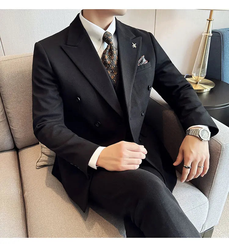 (Jacket+Vest+Pant) Autumn Winter Thickened Woolen Suit  New High Quality Slim Business Tuxedo Fashion Wedding Social Suits