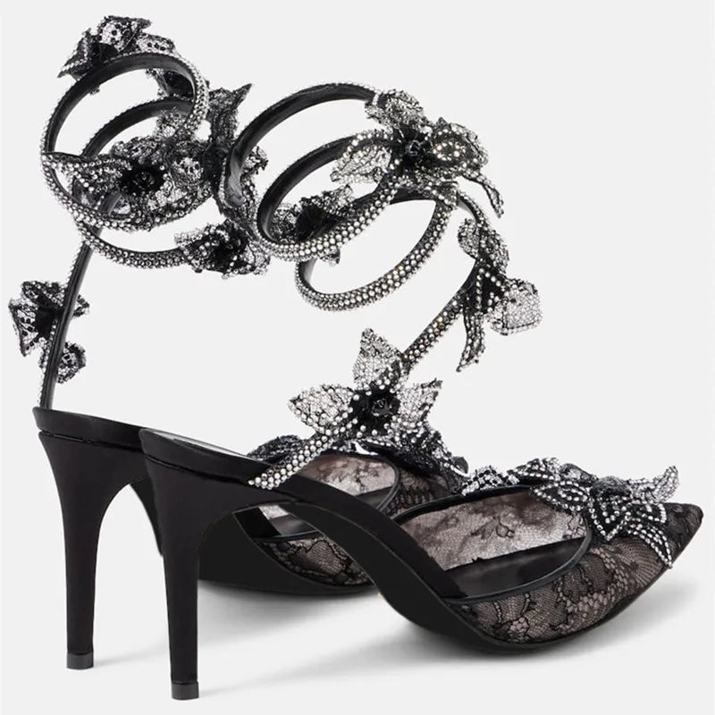 Summer High heels Wedding Party Shoes Women Rhinestones Flowers Snake Twine Around Ankle Strap Lace Mesh Pumps Sandals for Woman