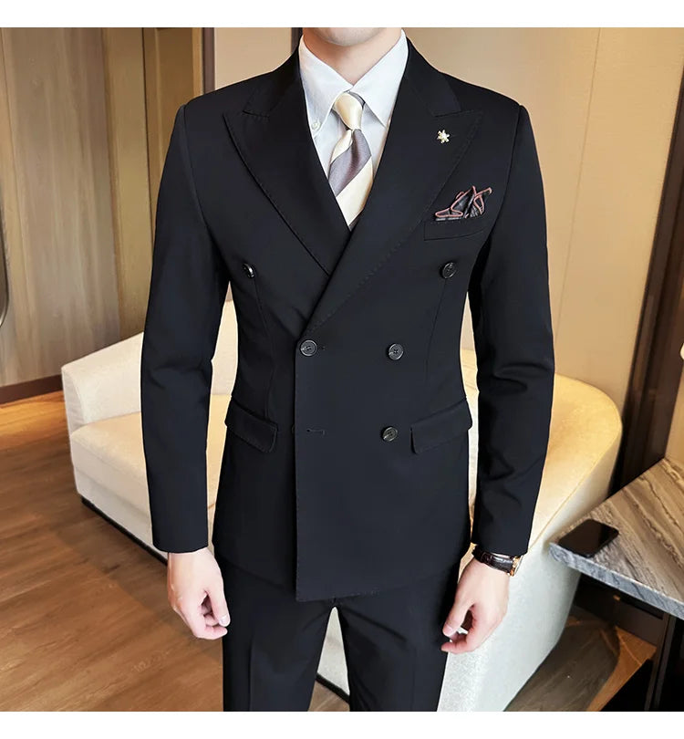 (Jacket + Trousers) Fashion Double Breasted Design Slim Men's Suit Italian Style Luxury Wedding Social Party Tuxedo 2 Piece Sets