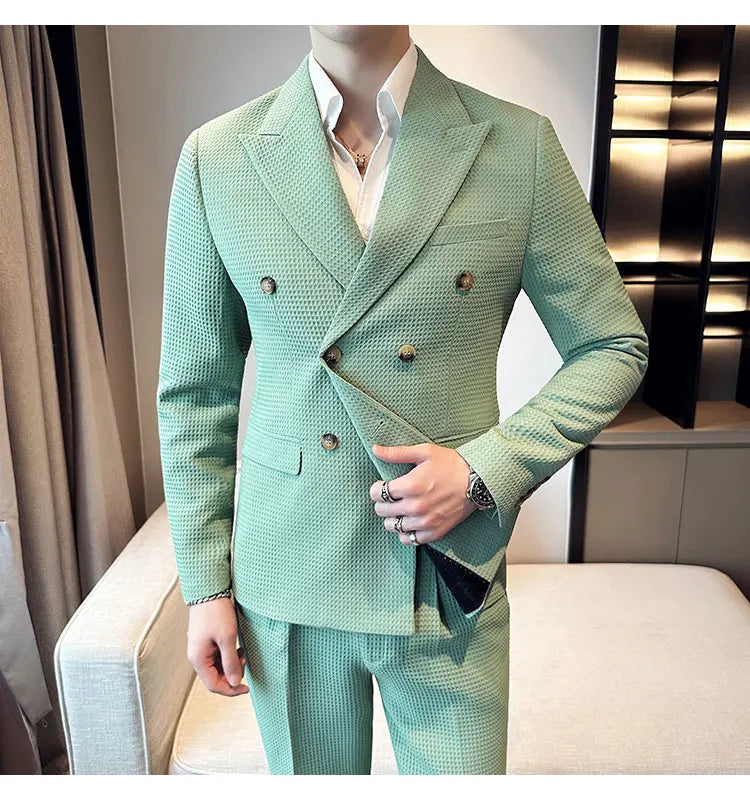 ( Jacket + Pant )Double-breasted Waffle Business Suit Men Wedding Prom Party Blazers and Trouser Homme Slim Fit Tuxedo Dress Set