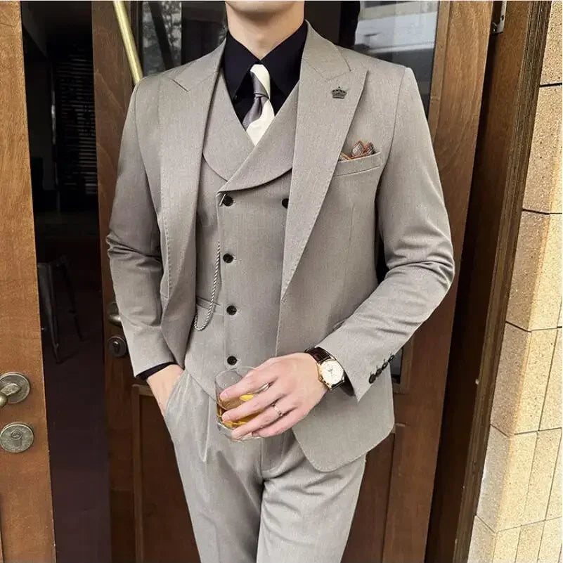 (Jackets+Pants+Vest) High Quality Men Slim Fit Party Tuxedos 3 Pieces Fashion Double Breasted Vest Design Wedding Social Suit